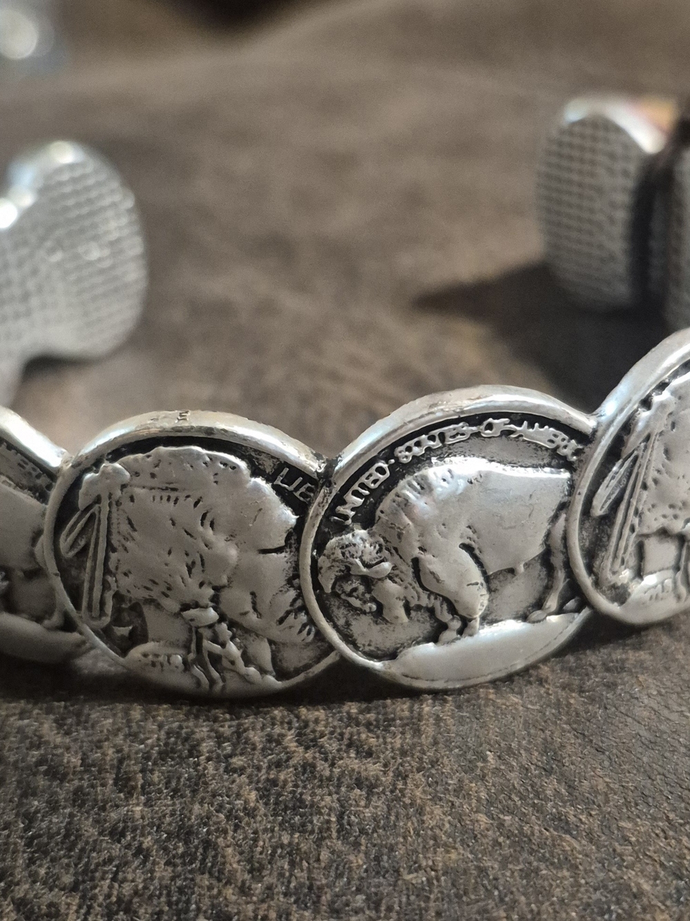 Buffalo Coin Cuff Bracelet - Silver Tone Western Style